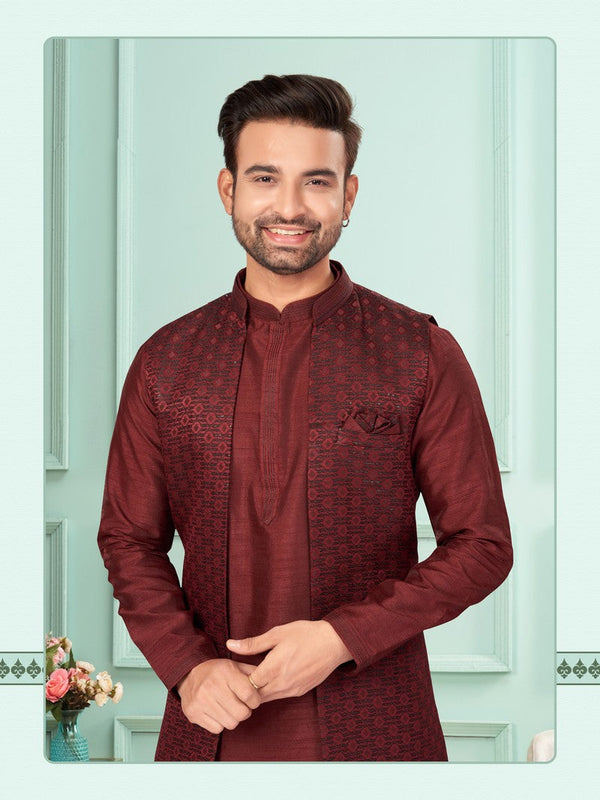 Amazing Maroon Color Jacquard Fabric Kurta Pajama and Jacket