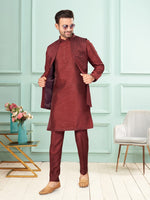 Amazing Maroon Color Jacquard Fabric Kurta Pajama and Jacket