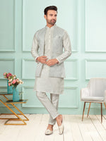 Amazing Silver Color Jacquard Fabric Kurta Pajama and Jacket