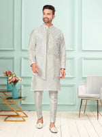 Amazing White Color Cotton  Fabric Kurta Pajama and Jacket