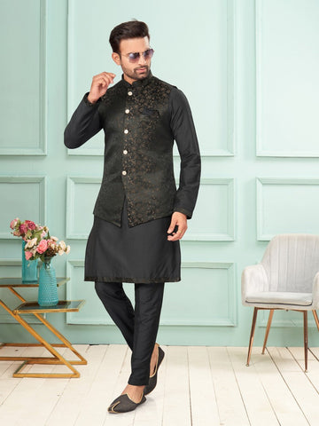 Amazing Black Color Art Silk Fabric Kurta Pajama and Jacket