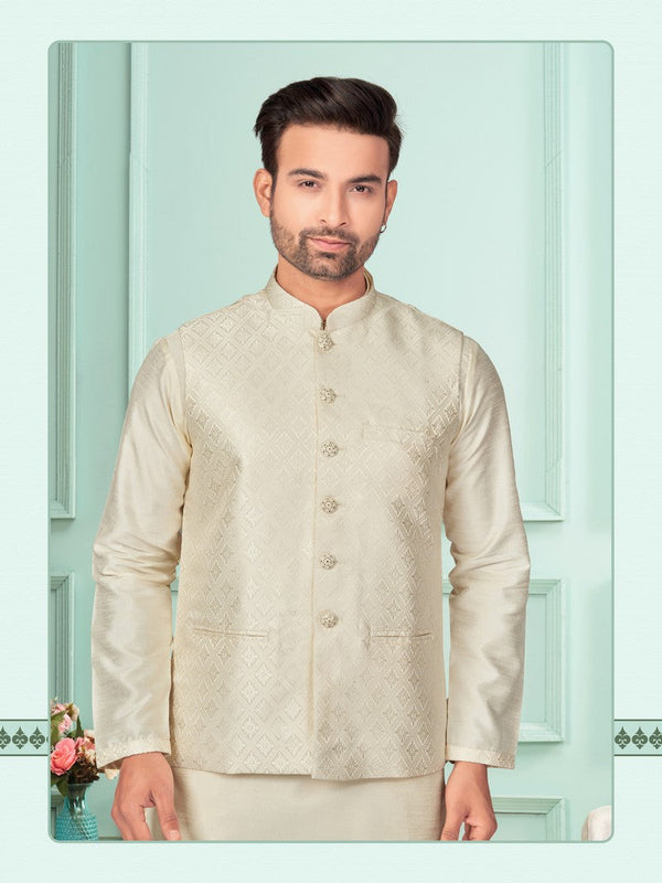 Amazing Cream  Color Art Silk Fabric Kurta Pajama and Jacket