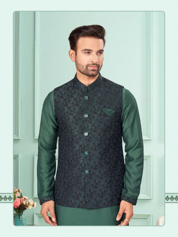 Amazing Navy Blue Color Art Silk Fabric Kurta Pajama and Jacket