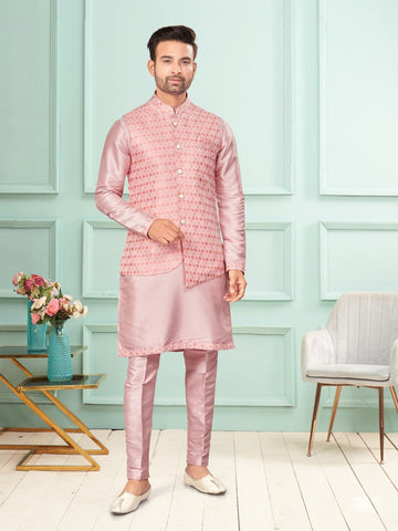 Amazing Pink Color Art Silk Fabric Kurta Pajama and Jacket