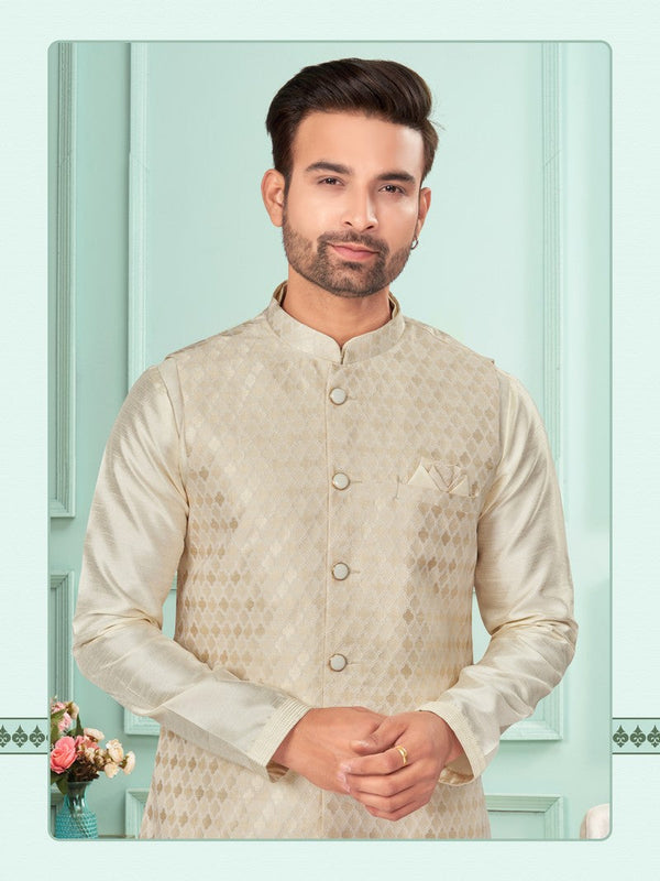 Amazing Cream Color Jacquard Fabric Kurta Pajama and Jacket