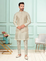 Amazing Cream Color Jacquard Fabric Kurta Pajama and Jacket