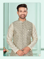 Amazing Grey Color Jacquard Fabric Kurta Pajama and Jacket