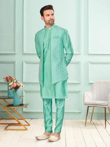 Amazing Green Color Jacquard Fabric Kurta Pajama and Jacket