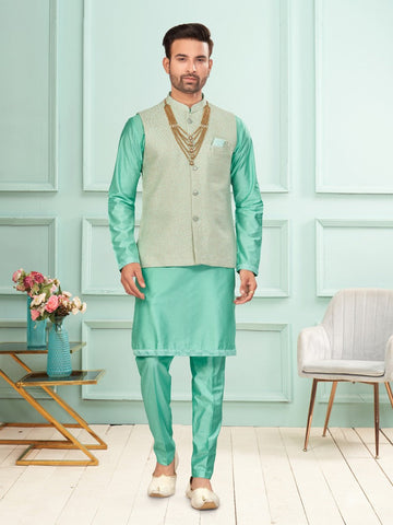 Amazing Green Color Jacquard Fabric Kurta Pajama and Jacket
