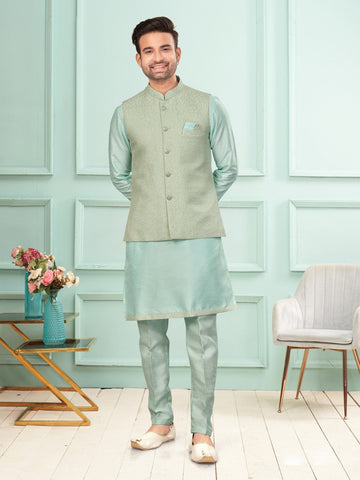 Amazing Aqua Color Jacquard Fabric Kurta Pajama and Jacket