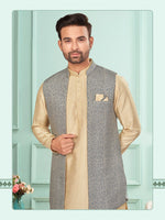 Amazing Grey Color Jacquard Fabric Kurta Pajama and Jacket