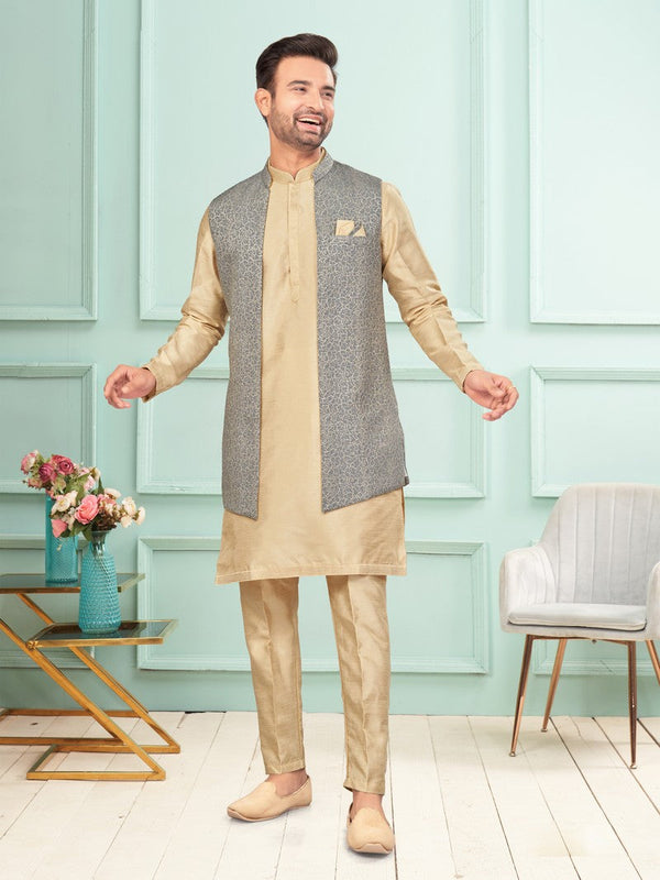 Amazing Grey Color Jacquard Fabric Kurta Pajama and Jacket