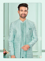 Amazing Aqua Color Art Silk Fabric Kurta Pajama and Jacket