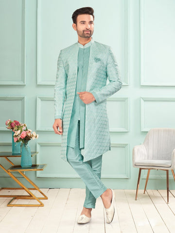 Amazing Aqua Color Art Silk Fabric Kurta Pajama and Jacket