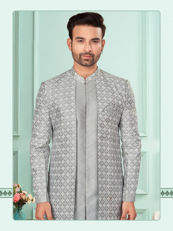 Amazing Grey Color Art Silk Fabric Kurta Pajama and Jacket