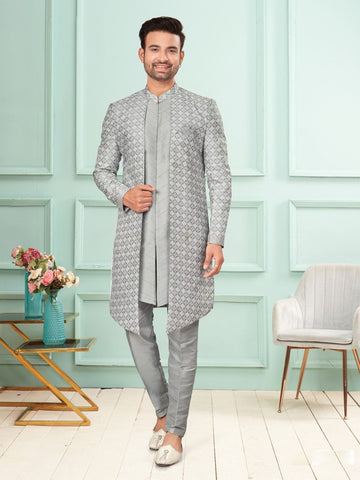 Amazing Grey Color Art Silk Fabric Kurta Pajama and Jacket