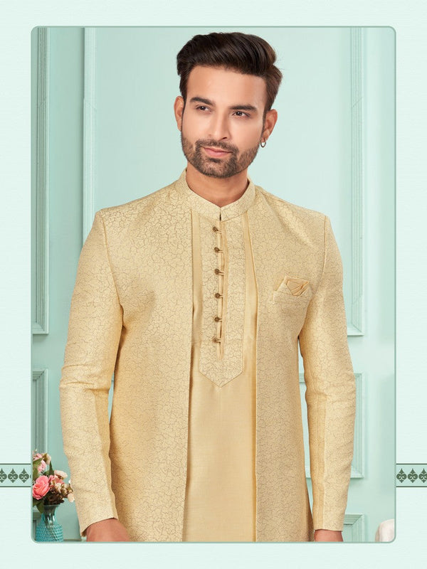 Amazing Yellow Color Jacquard Fabric Kurta Pajama and Jacket