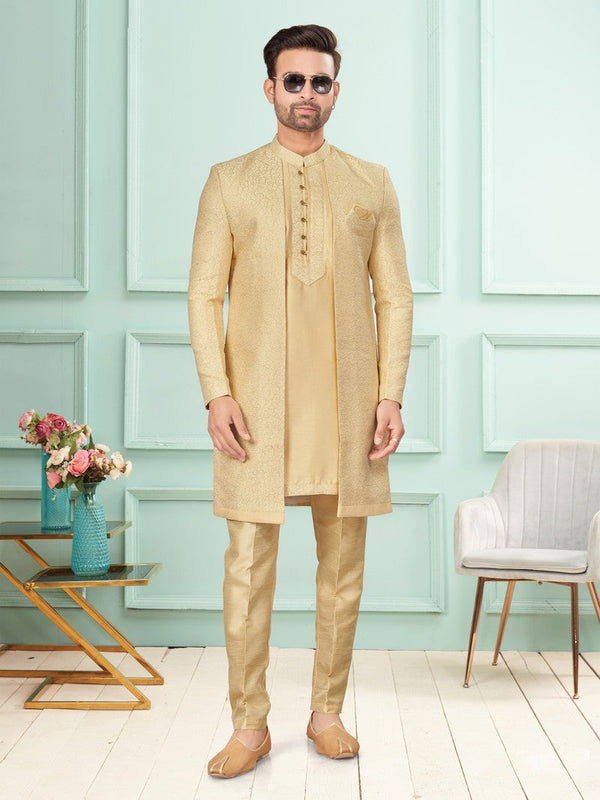 Amazing Yellow Color Jacquard Fabric Kurta Pajama and Jacket