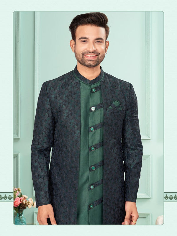 Amazing Green Color Jacquard Fabric Kurta Pajama and Jacket