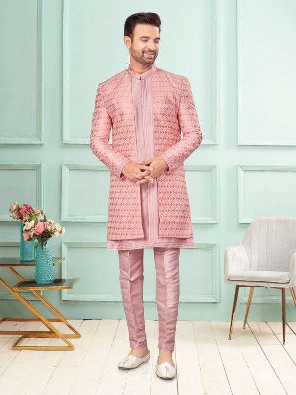 Amazing Pink Color Jacquard Fabric Kurta Pajama and Jacket