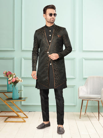 Amazing Black Color Art Silk Fabric Kurta Pajama and Jacket