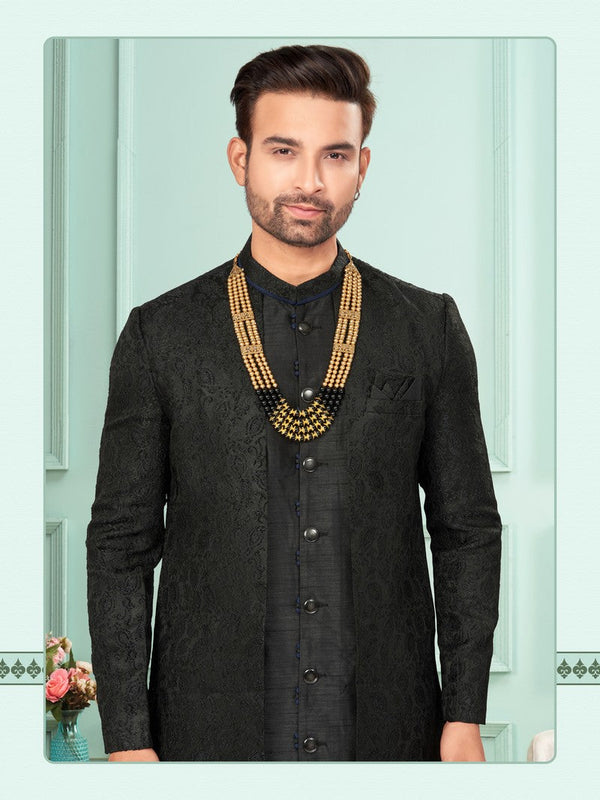 Amazing Black Color Art Silk Fabric Kurta Pajama and Jacket