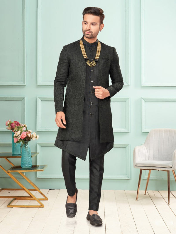 Amazing Black Color Art Silk Fabric Kurta Pajama and Jacket