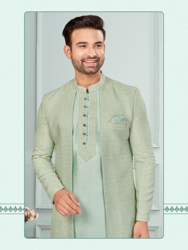 Amazing Green Color Art Silk Fabric Kurta Pajama and Jacket