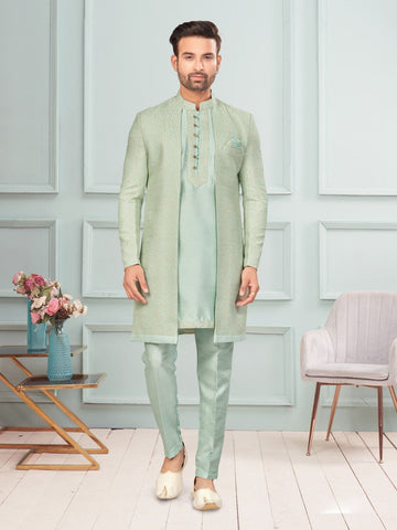 Amazing Green Color Art Silk Fabric Kurta Pajama and Jacket