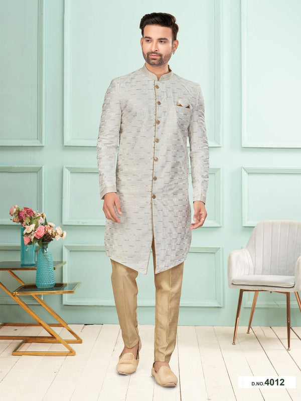 Amazing Grey Color Art Silk Fabric Sherwani