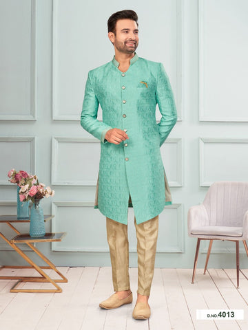 Amazing Turquoise Color Art Silk Fabric Sherwani