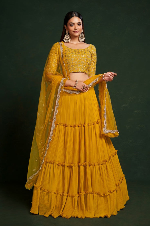 Amazing Yellow Color Georgette Fabric Party Wear Lehenga