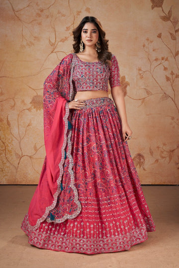 Amazing Coral Color Georgette Fabric Party Wear Lehenga