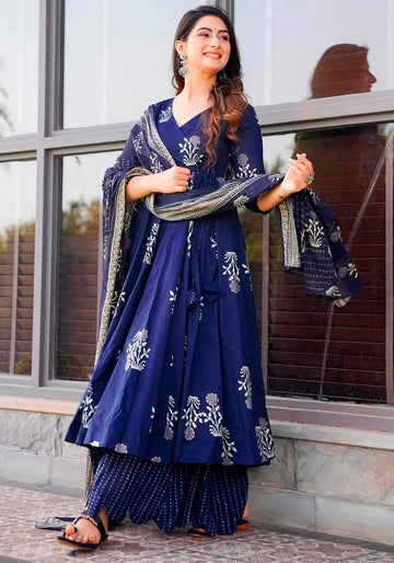Lovely Blue Color Muslin Fabric Designer Kurti With Bottom and Dupatta