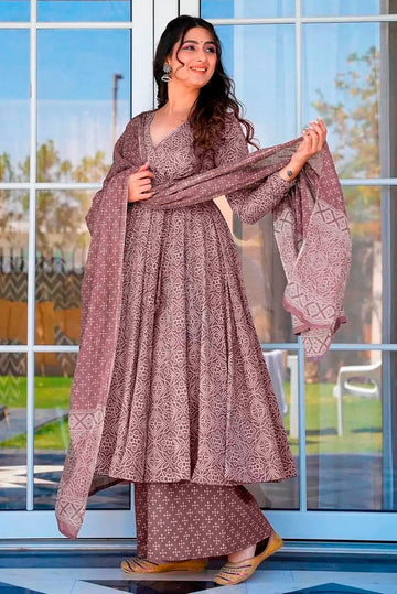 Lovely Wine Color Muslin Fabric Designer Kurti With Bottom and Dupatta