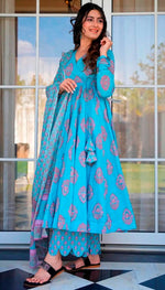 Lovely Turquoise Color Muslin Fabric Designer Kurti With Bottom and Dupatta