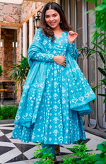 Lovely Turquoise Color Muslin Fabric Designer Kurti With Bottom and Dupatta