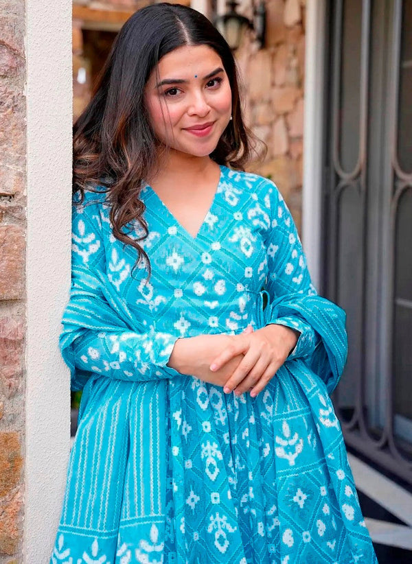 Lovely Turquoise Color Muslin Fabric Designer Kurti With Bottom and Dupatta