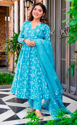 Lovely Turquoise Color Muslin Fabric Designer Kurti With Bottom and Dupatta