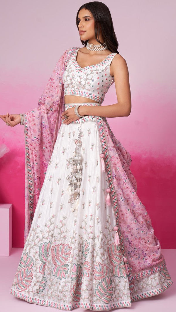 Superb Cream Color Georgette Fabric Party Wear Lehenga