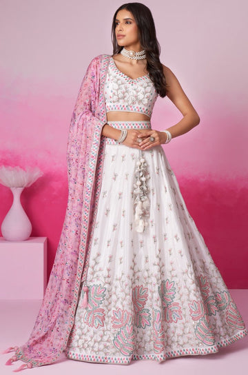 Superb Cream Color Georgette Fabric Party Wear Lehenga