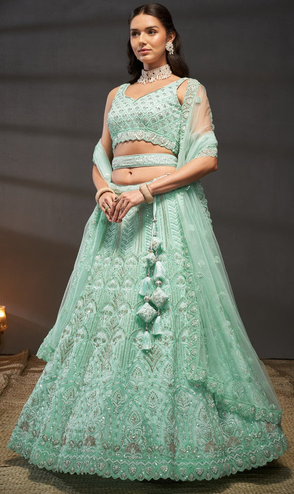 Superb Turquoise Color Net Fabric Party Wear Lehenga