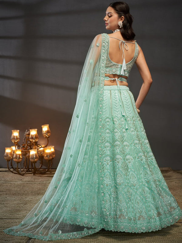 Superb Turquoise Color Net Fabric Party Wear Lehenga