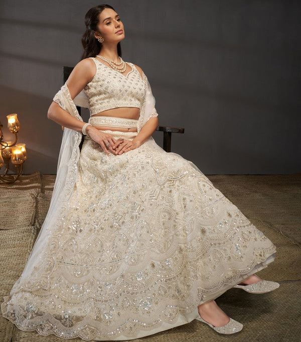 Superb Cream Color Net Fabric Party Wear Lehenga