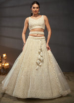 Magnetic Cream Color Net Fabric Party Wear Lehenga