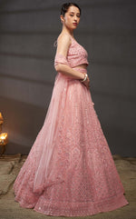 Magnetic Pink Color Net Fabric Party Wear Lehenga