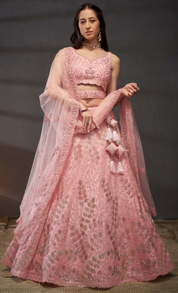 Magnetic Pink Color Net Fabric Party Wear Lehenga