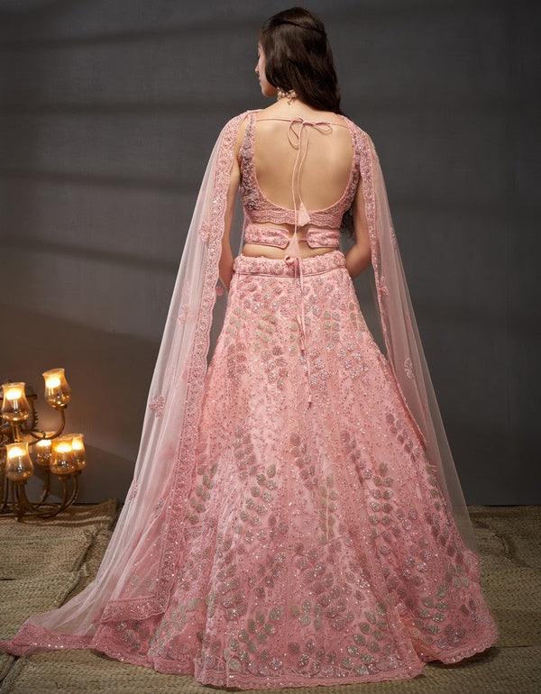 Magnetic Pink Color Net Fabric Party Wear Lehenga