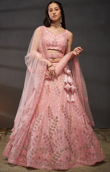 Magnetic Pink Color Net Fabric Party Wear Lehenga