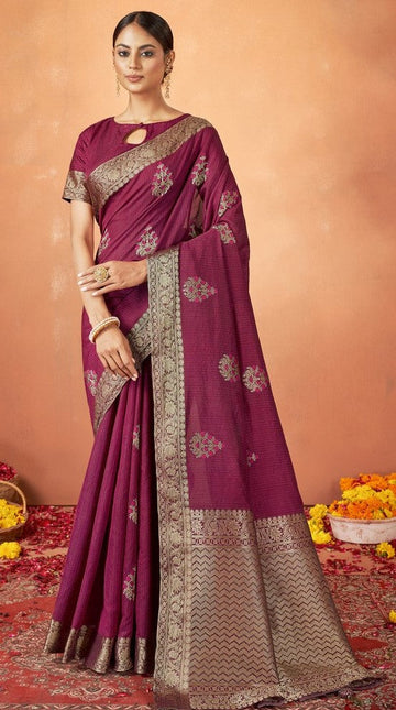 Ideal Voilet Color Tusser Fabric Partywear Saree